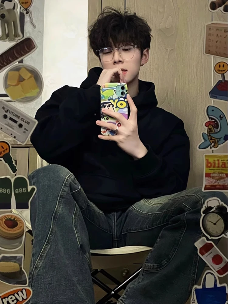 

Мужская толстовка Pure Bla ort в американском стиле ретро, базовая внутренняя одежда, 600 г, тяжелая толстовка оверсайз с капюшоном Jaet, повседневная свободная посадка