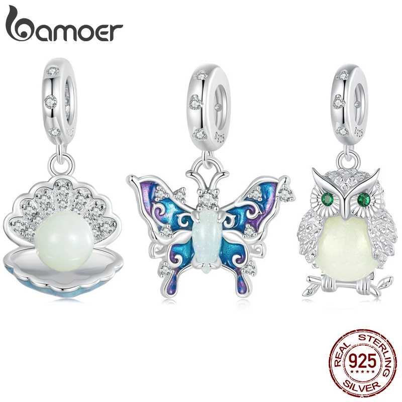 Bamoer 925 Sterling Silver Butterfly Luminous Shell Pendant For Women Fit DIY Bracelet Necklace Fine jewelry Gift