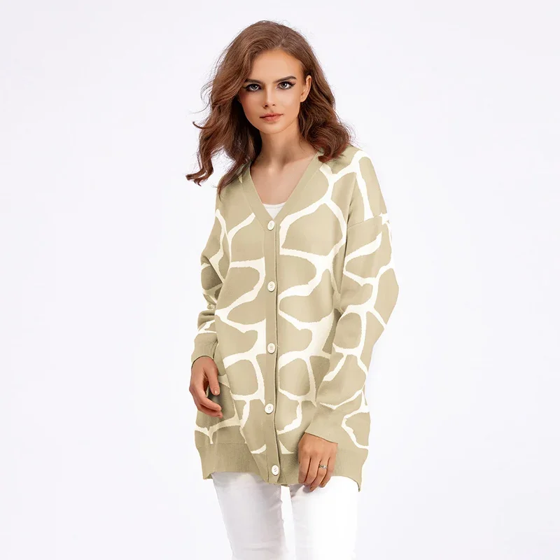 Fashion Print Cardigans For Women 2024 Autumn Winter Knitted Jacket Button Up Long Sleeve Oversize Sweater Cardigan Coat