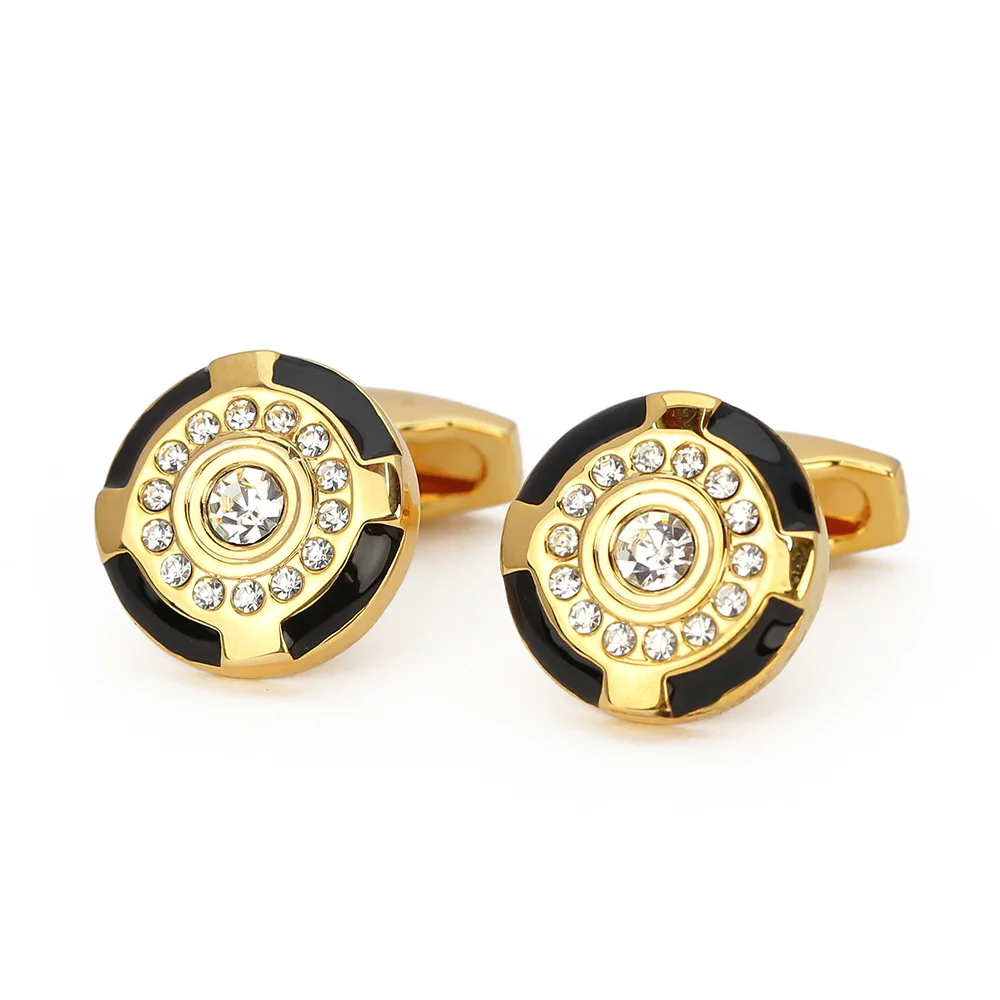 High Quality Gold-Tone Rhinestone Inlay Round Metal Mens French Cufflinks Wedding Groomsmen Buttons Jewelry Gift for Father