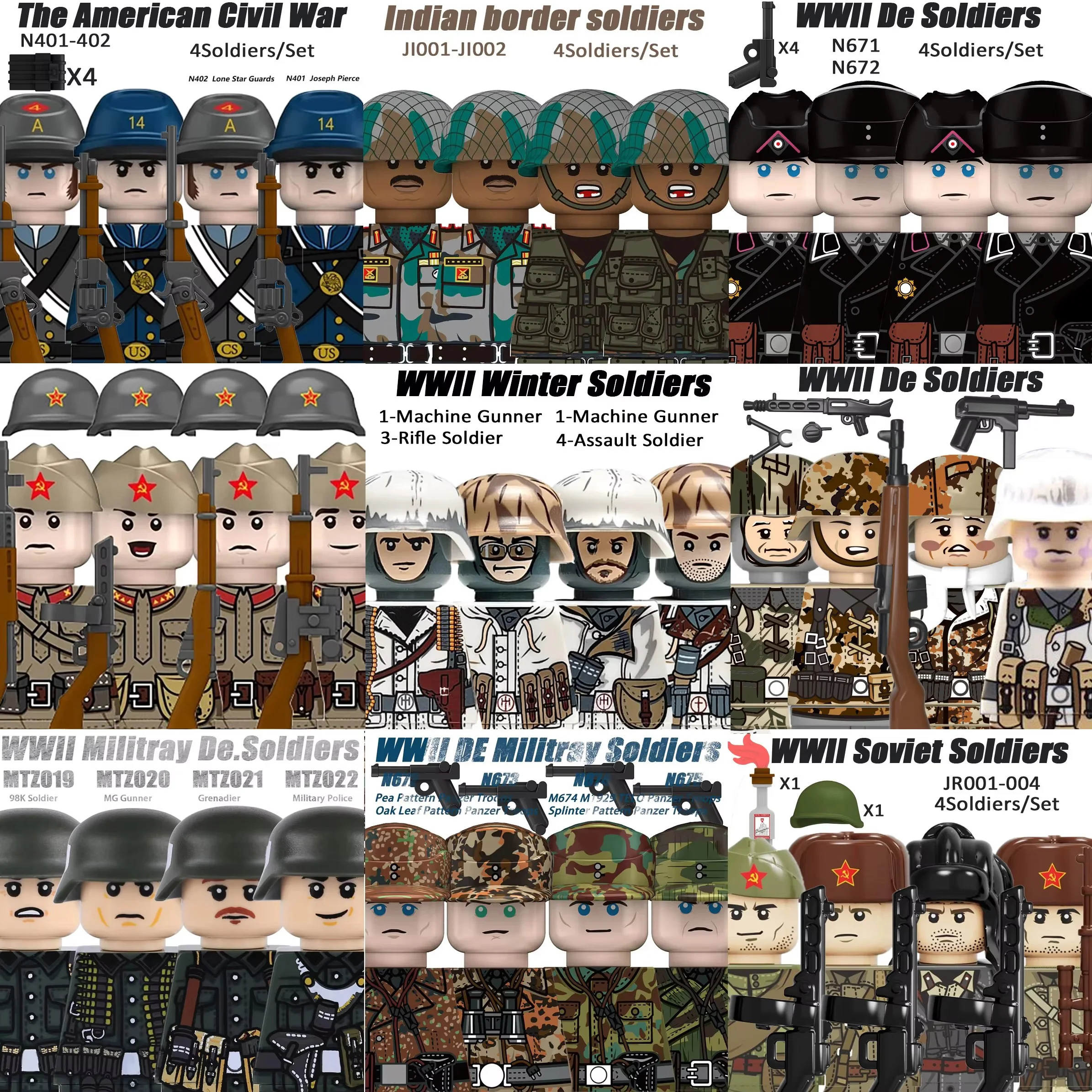 MOC WW2  Winter Soldiers Figures Building Blocks Officer US Infantry British Army Weapons 98K Soviet Red Army Bricks Toys