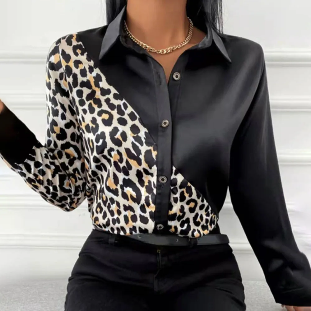 

Leopard Print Stitching Casual Shirt Shirt Women Autumn Fashion Button Ladies Long Sleeve Lapel Shirt