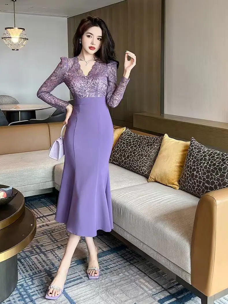 Celebrity Fake 2 Piece Dress Women Elegant Purple Sheer Lace Splice Fishtail Robe Femme Korean Party Office Lady Vestidos Autumn