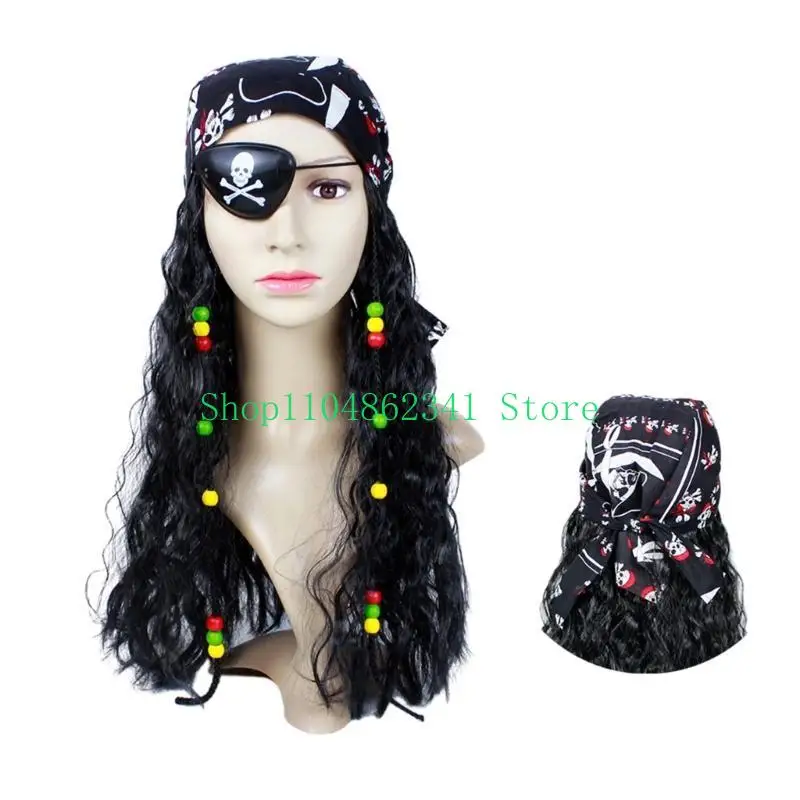 Parrucca da pirata nera riccia per costume cosplay da pirata con set di sciarpe con benda sull'occhio per uomini e donne Accessori per costumi di Halloween