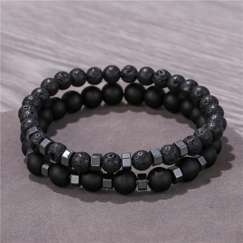 2pcs/set Beaded Bracelet Men 8mm6mm Volcanic stone Bead Charm Men Bracelet Sets Jewelry Gift Pulsera Hombre