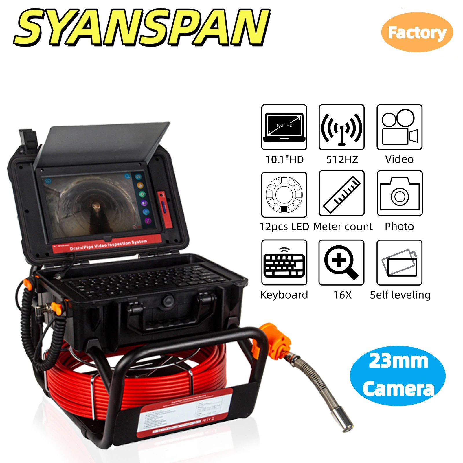 SYANSPAN Sewer Camera Drian Piping Industrial Endoscope 512Hz Sonde+Self-leveling 7mm Plumbing