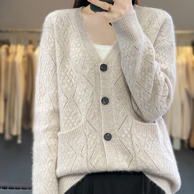 

Hot Sale Autumn Winter New 100% Wool Cardigan Sweater Women's Solid Fashion Hollow Out Coat Female Loose Large Size Knit Cardiga