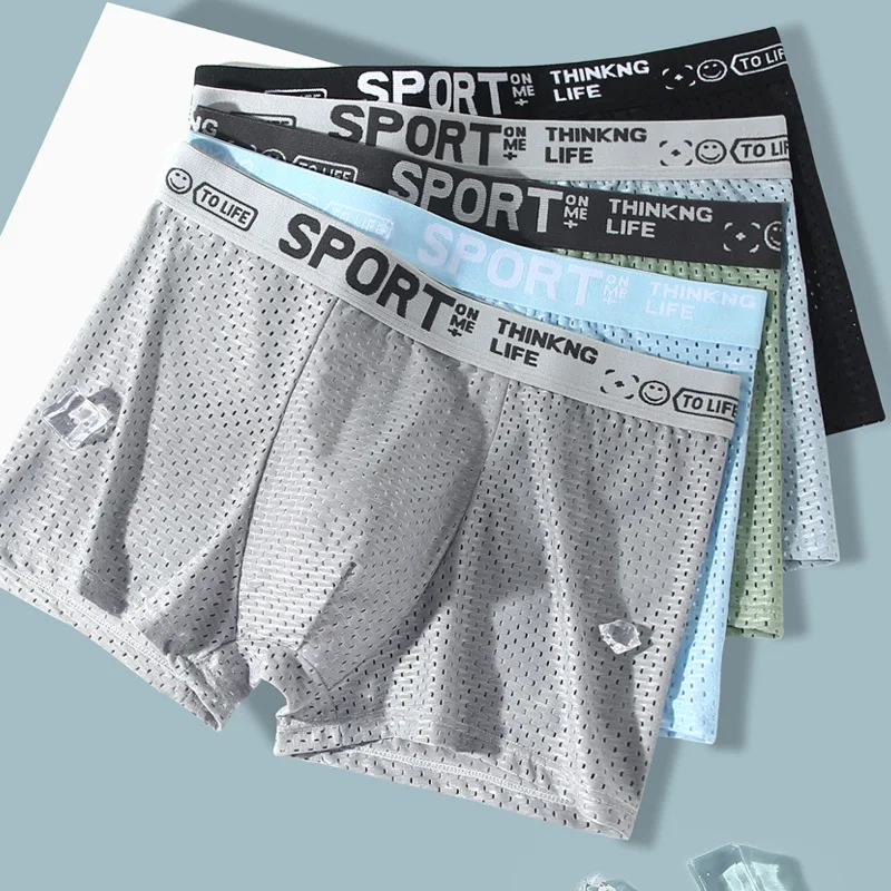 

Breathable Mesh Youth Boxer Shorts Letter Print Belt Mens Underwear UltraThin Quick Drying Underpants Seamless Male Boxer Briefs
