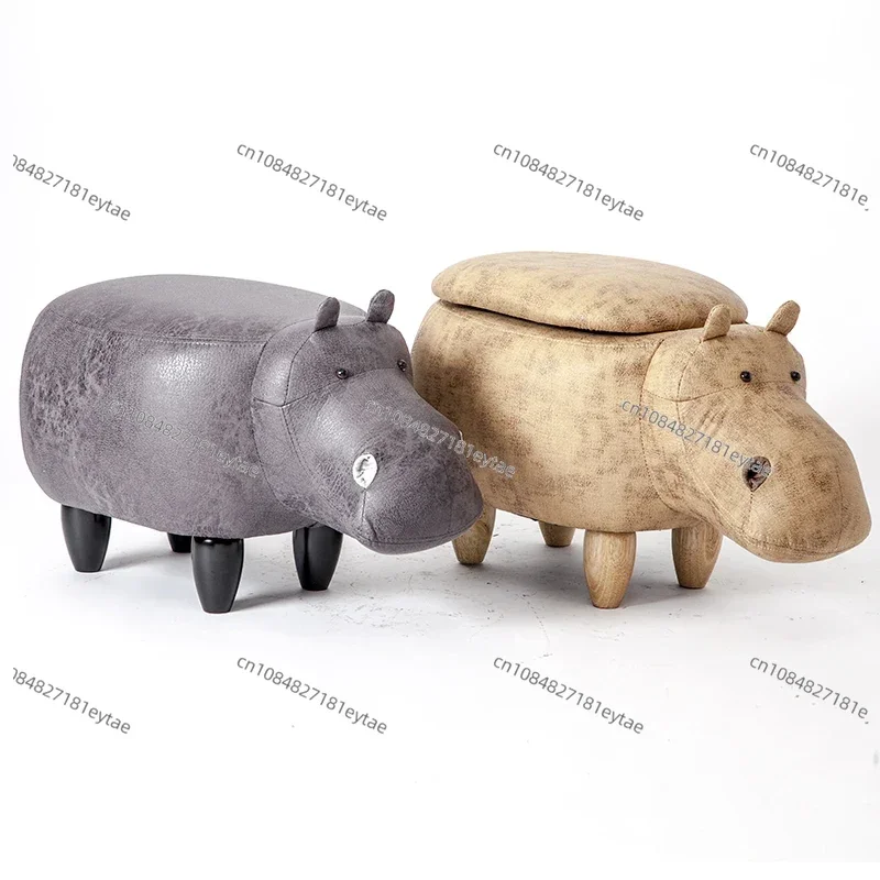Hippo Shaped Animal Ottoman Storage Footrest Stool Upholstered Padded Seat Hippo Stool Pouf Adorable Bench as Kids Gift,Toy Box