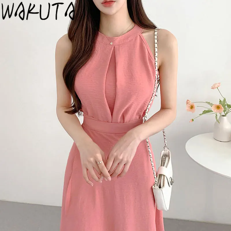 

WAKUTA Halter Neck Sexy Sleeveless Maxi Dress Women Solid Elegant Party Vestidos Chic Slim Bodycon Irregular Split Tank Dresses