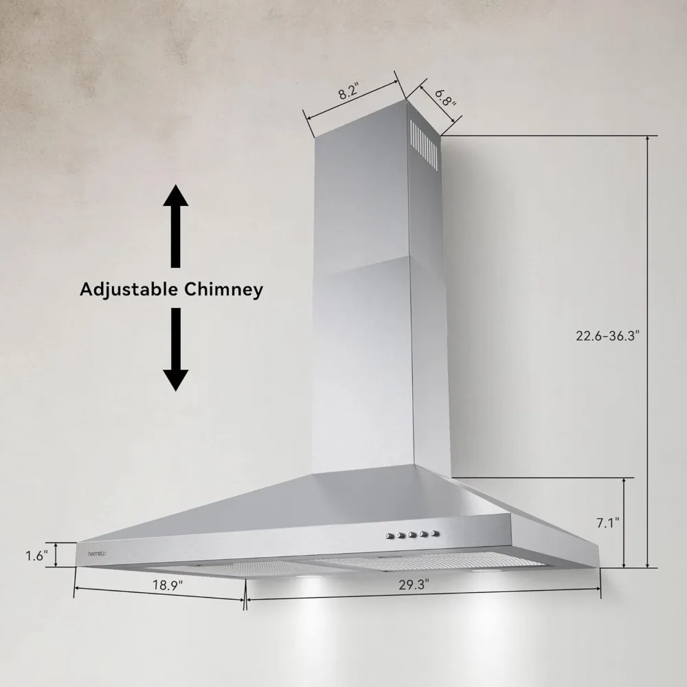 Aço inoxidável Wall Mount Vent Hood, Cozinha Hood com filtro de carvão vegetal, Ducted Range Hoods, 30 in