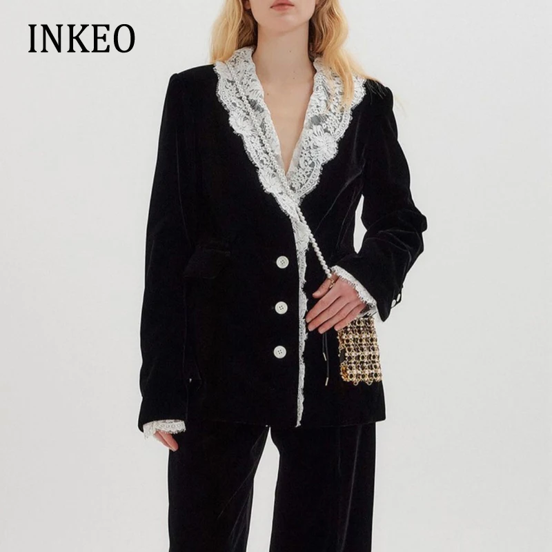 Autumn Korean Style Women Velvet Blazer Women Fashion Suit Lace patchwork jacket Coat High Quality 2022 Outerwear INKEO 2O108