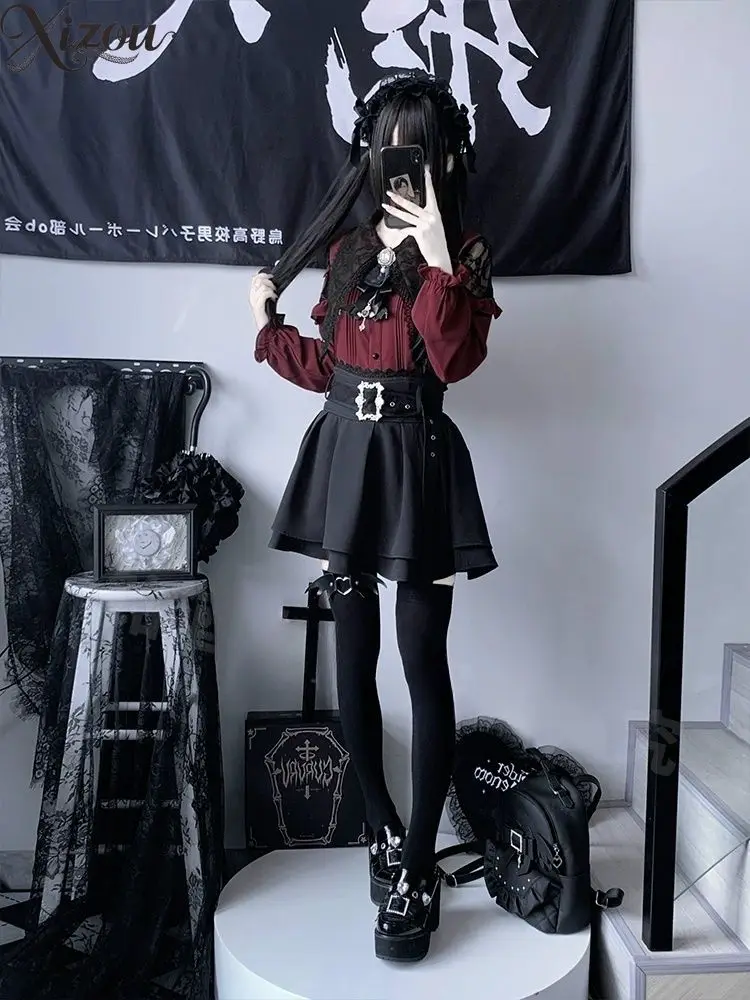 Gothic Lolita dames 2-delige sets geplooid shirt met lange mouwen en rok met riem matrozenkraag set effen kleur damesoutfit
