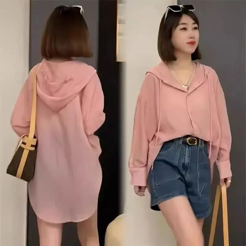 Solid Color Thin Casual Hooded Sun Protection Shirt Jacket for Women 2024 Summer Design Loose Fitting Air-Conditioned Shirt Top