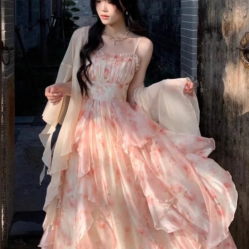 صيف 2025 إديث لوحة زيتية متدرجة طباعة الإمبراطورية الخصر مطوي هيم حمالة ثوب الكورية نمط فستان طويل أنيق