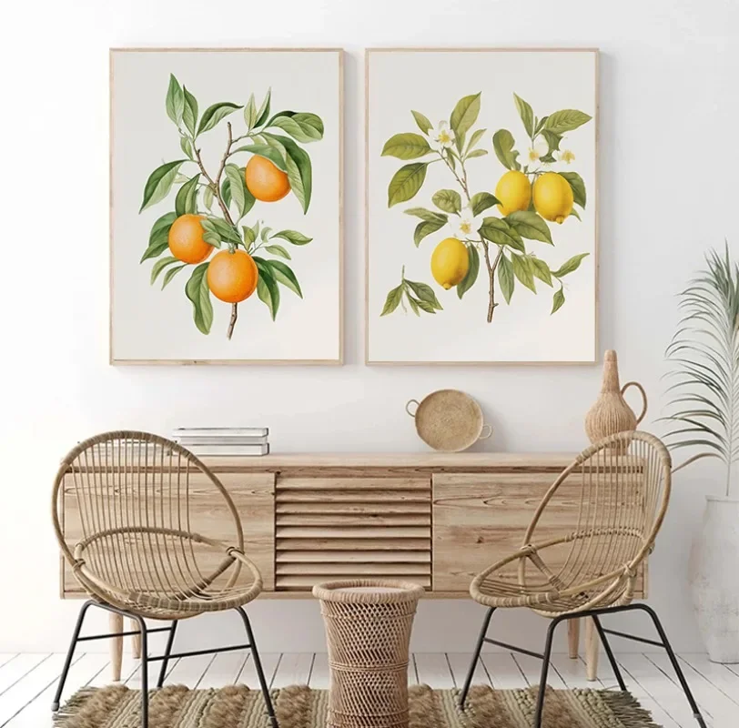 Orange Lemon Tree Grapes on Vine Pomegranate Fruit Apple Poster Canvas Painting Print Kitchen Wall Art Home Decor Cuadros