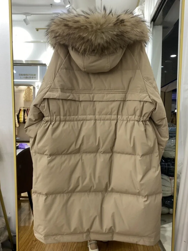 New Winter Women Large Real Fur Collar Hooded Long Puffer Jacket Loose Warm Thicken Parka Outwear Female Waterproof Down Coat