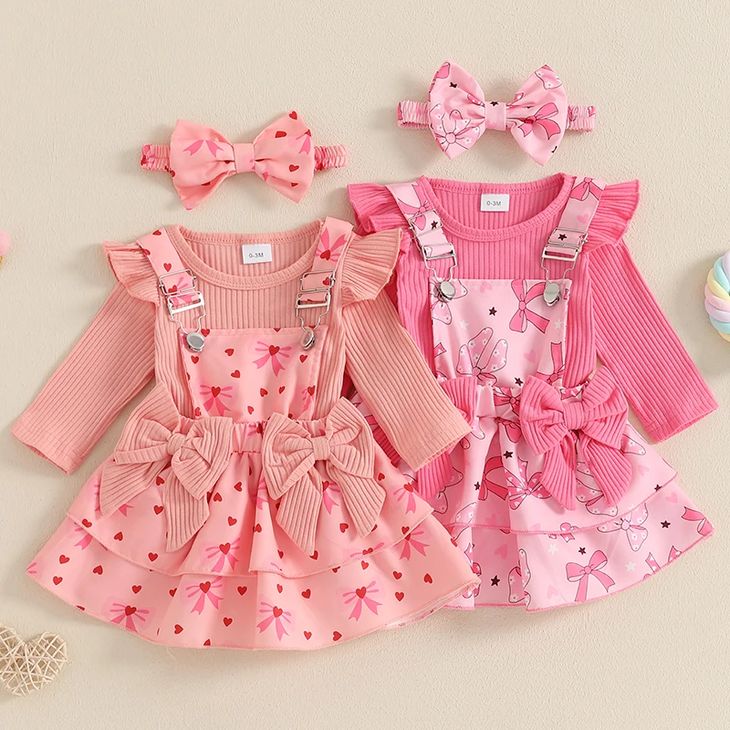 3pcs Valentines Day Fashion Toddler Baby Girl clothes set Long Sleeve Romper Heart Suspender Skirt + Headband Outfit set clothes