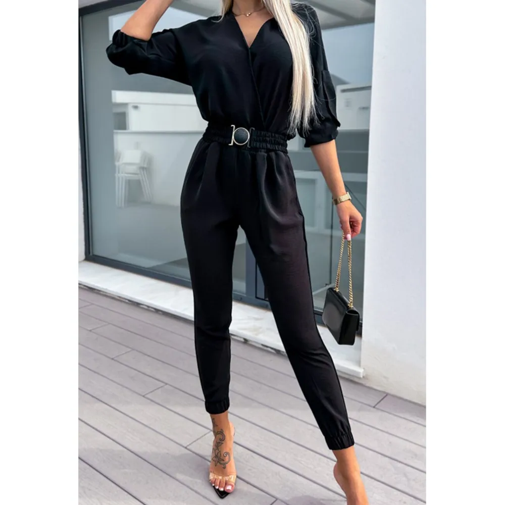 Autumn Casual Jumpsuits Women Fashion Elastic Belt Slim Long Sleeve Pocket V-neck Pencil Romper Black Khaki Holiday Jumpsuit