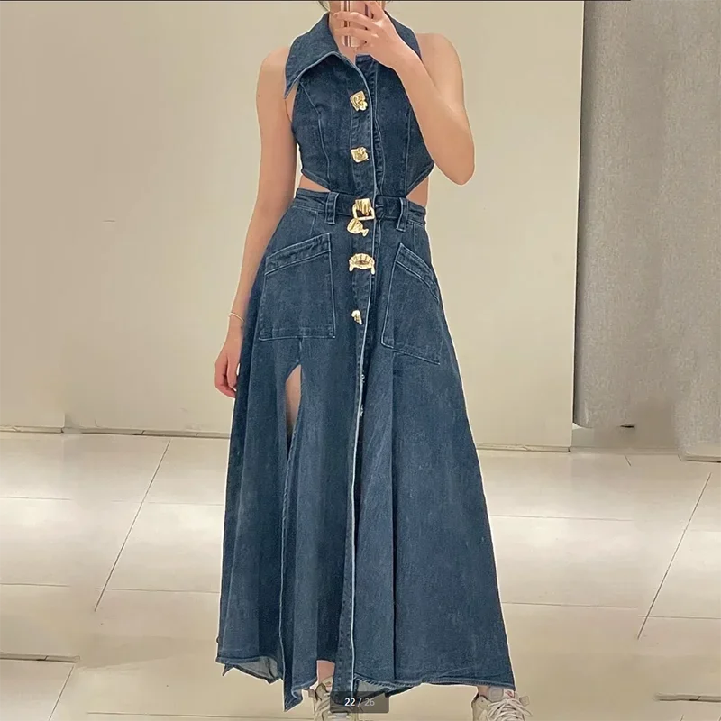 New Summer Backless Modified Jeans Dresses Women's Double Slit Dress Stand Collar Metal Button Slim Waist High-End Denim Dress