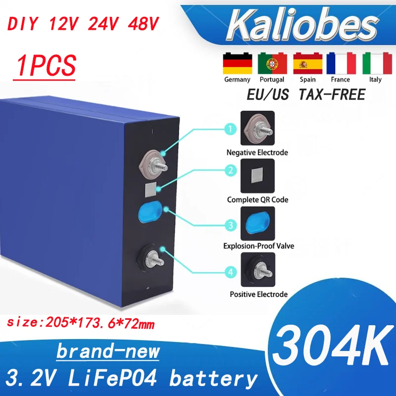 1 piece new EVE 304Ah Lifepo4 3.2V rechargeable battery 12V 24V 48V 310AH solar energy storage battery pack DDP tax-free