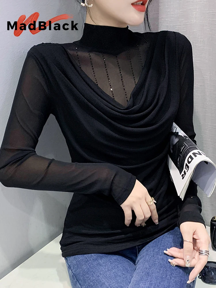 

MadBlack-Women's European T-Shirt, Sexy Mock Neck Diamonds, Streetwear Fashion Long Sleeve Slim Mesh Tee, 2025 Spring T52502CC