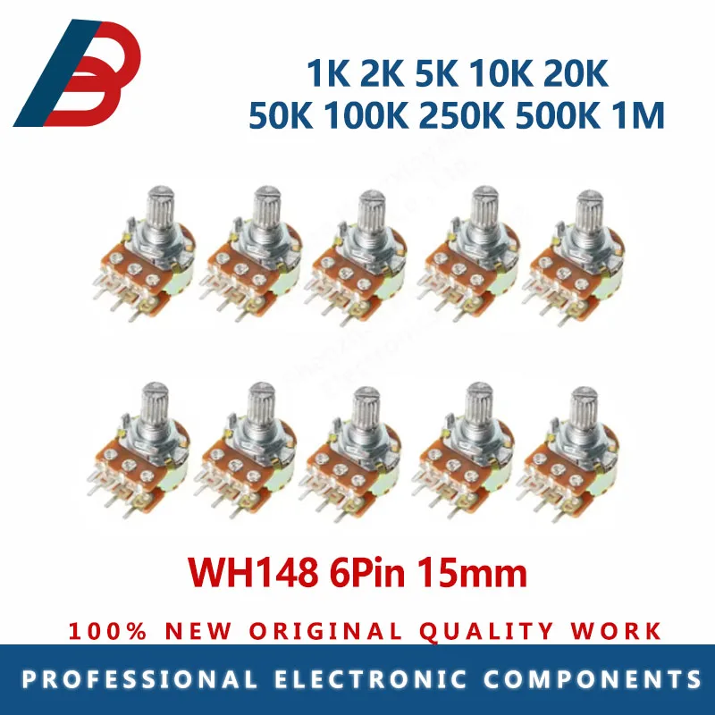 10PCS Linear potentiometer with nut and washer B1K B2K B5K B10K B20K B50K B100K B500K B1M WH148 Potentiometer 6Pin 15mm shaft