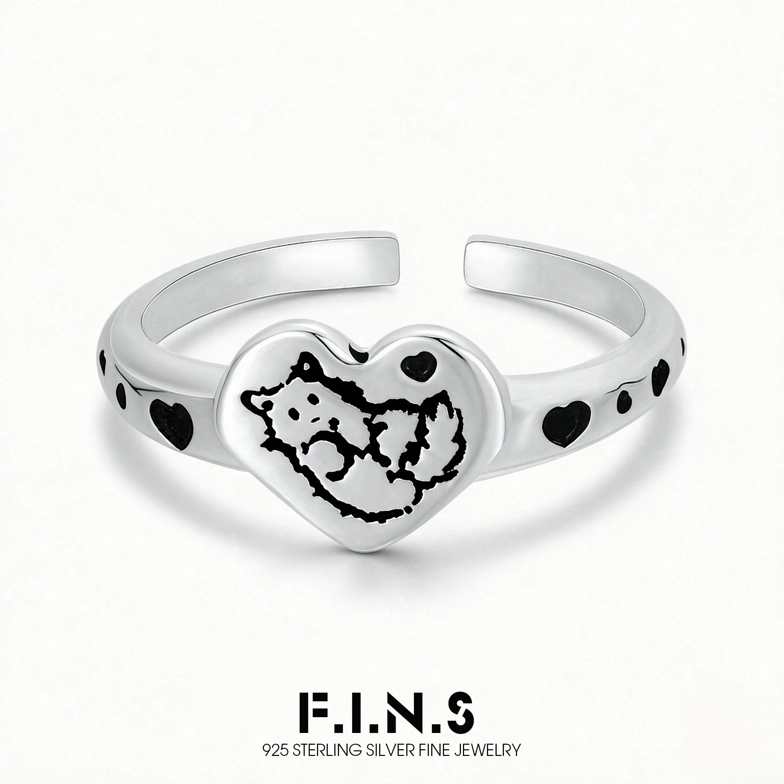 F.I.N.S Original Love Black Kitten S925 Sterling Silver Ring for Women Sweet Cute Heart Shaped Open Adjustable Finger Jewelry