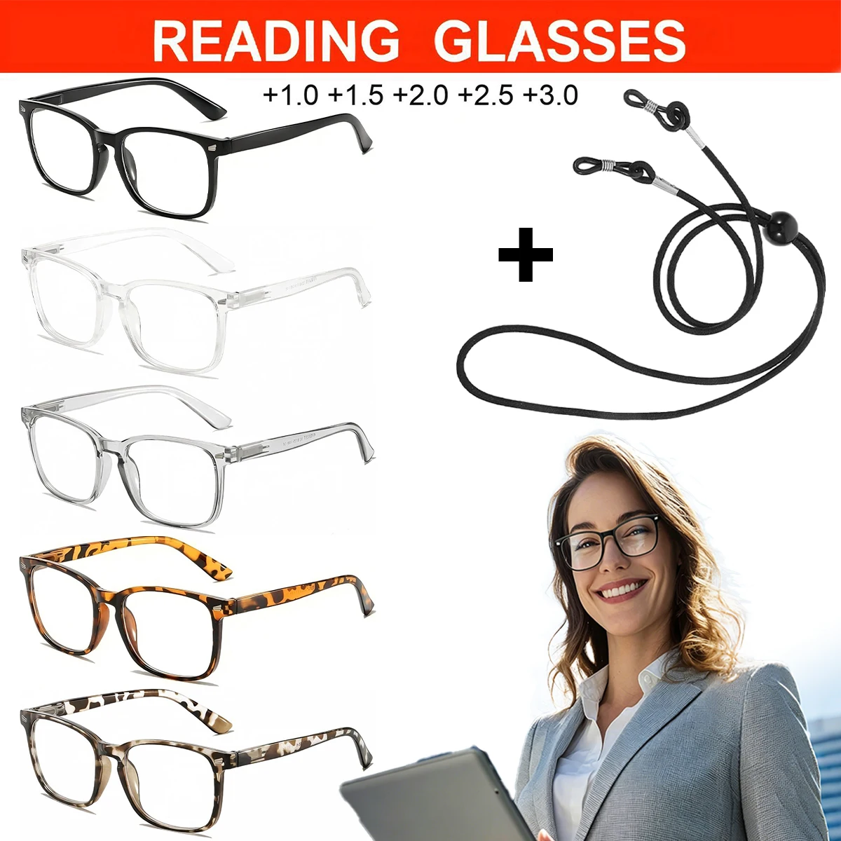 Blue Light Reading Glasses for Woman Men,Computer Glassess,Gaming,TV Phone Screen Reader Square Frame with Retainer Strap L17