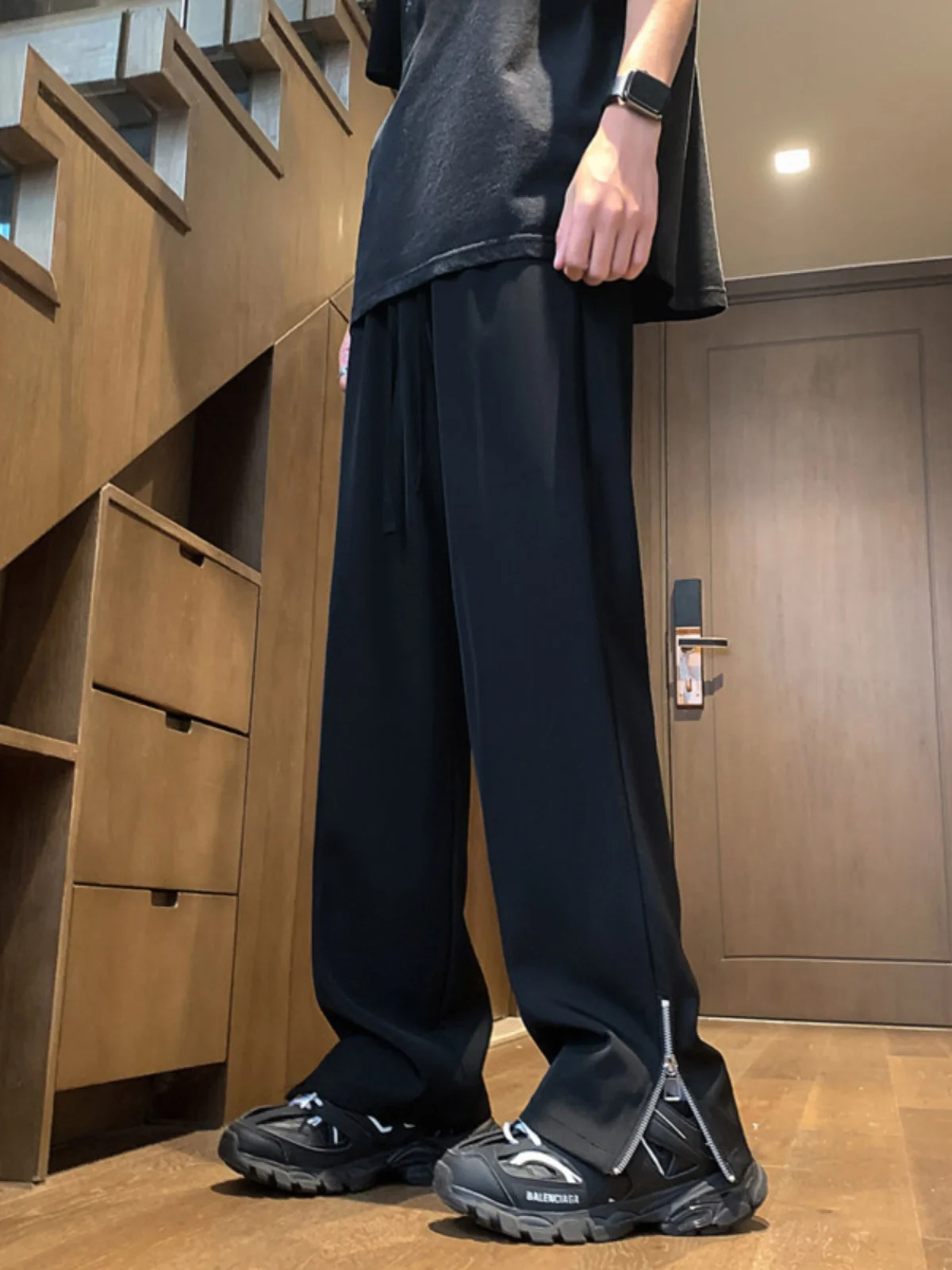 American Retro Ice Silk Men's Summer Thin Loose Quick Dry Casual Pants Side Zipper Straight Drapey Western Pants