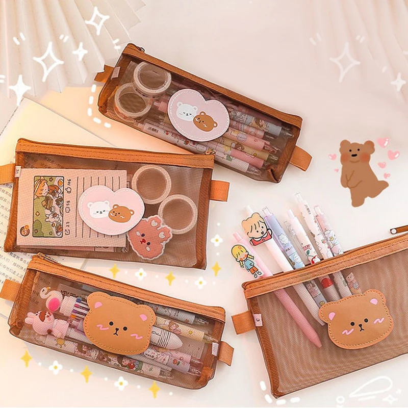 1 PC โปร่งใสตาข่ายปากกากระเป๋าน่ารักหมีขนาดใหญ่ความจุเครื่องเขียน Organizer โรงเรียนประถมเครื่องเขียนกล่องของขวัญ