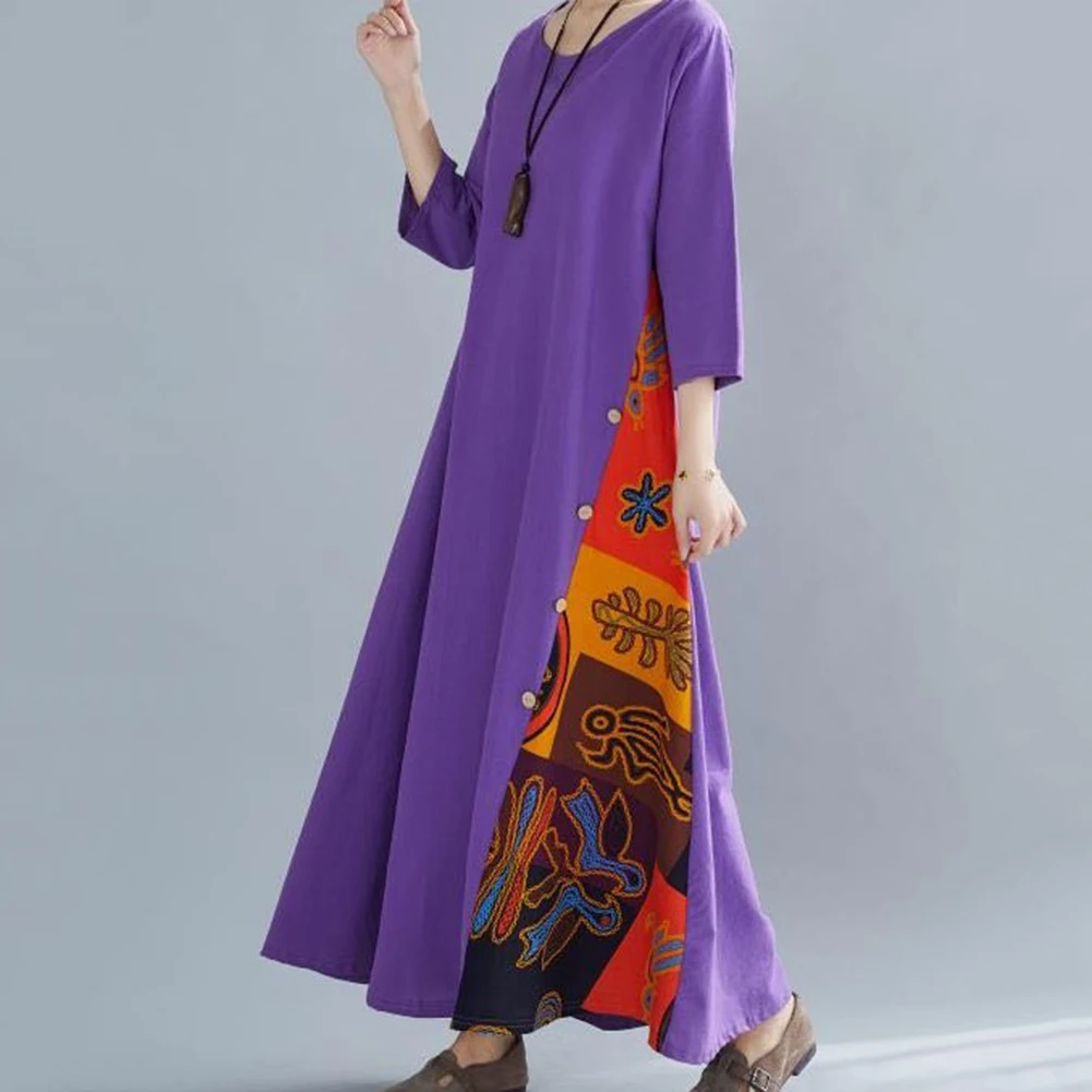 

Women Vintage Dress Print Maxi Dress 3/4 Sleeve Oversized Casual Loose Robe Top Dress Women Fashion Stand Collar