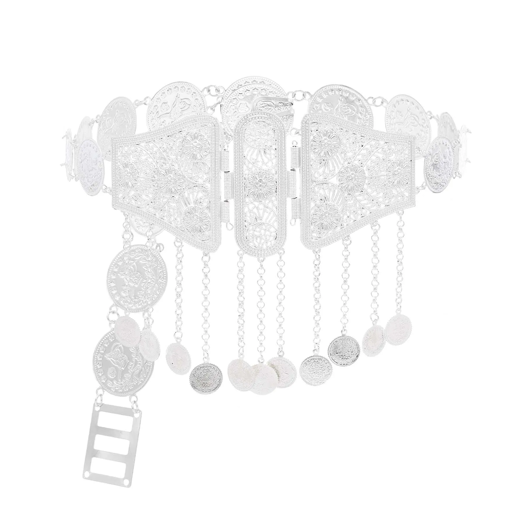 Silver Coins Tassel Pendant Long Chain Metal Hollow out Waist Chains Belly Dance Carved Chrysanthemum Pattern Women Body Jewelry