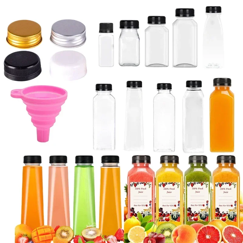 

10pcs Portable 60ML-500ML Empty Clear Plastic Juice Bottles with Caps&Funnel Reusable Water Bottle Juicing Smoothie Containers