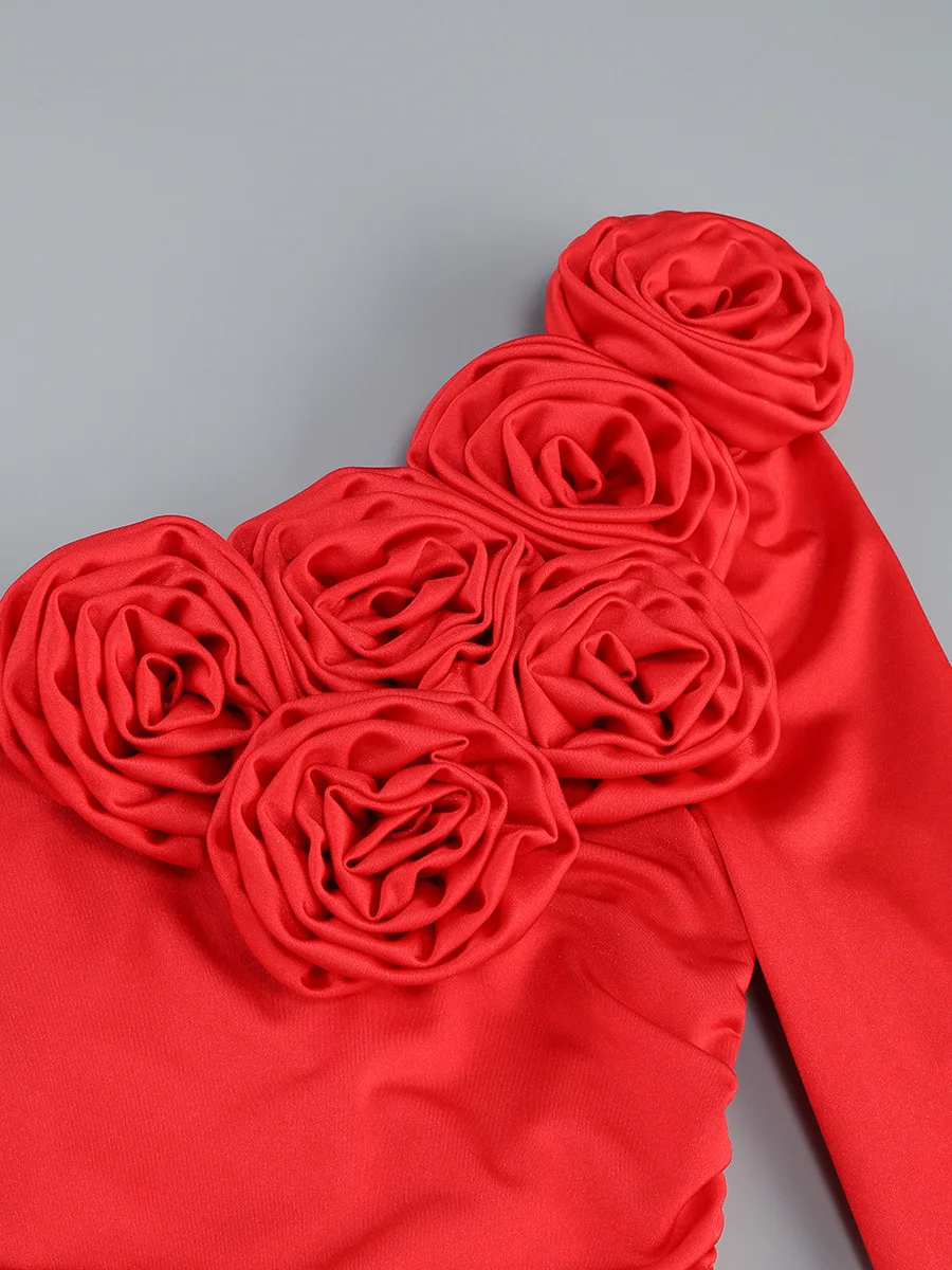 ZNS Red Off Shoulder Long Sleeve Flowers Party Dress Luxury 2025 Autumn New High Waist Bodycon Evening Dresses Fashion Prom Gown