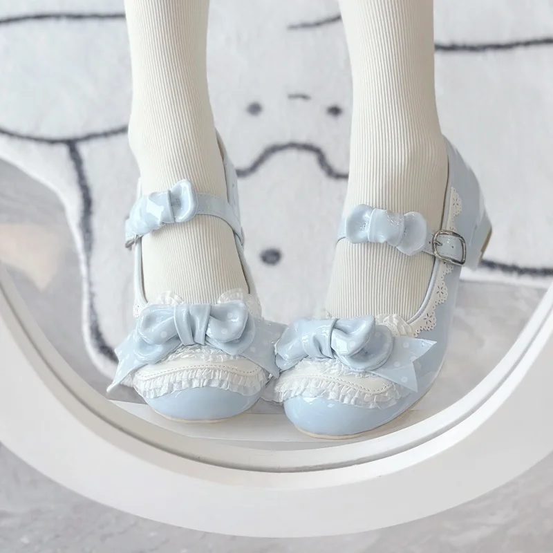 Japanese Sweet Lolita Women Candy Color Bow Low Lace Heel Flat Heel Small Leather Shoes Round Head Cute Single Girls Shoes Lo