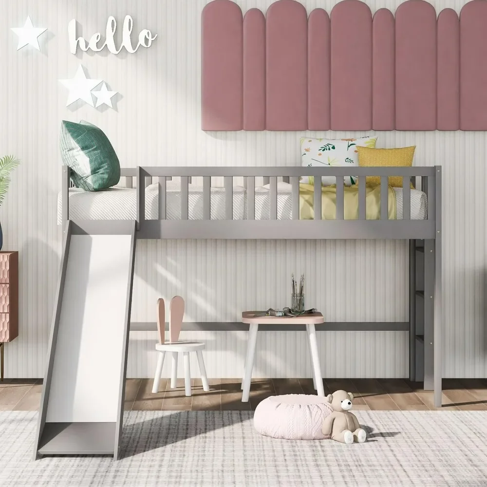 

Twin Loft Bed with Slide, Kids Loft Bed Frame Twin with Ladder and High Security Guardrail, Wood Low Kids loft Bed Frame