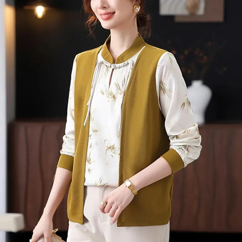 

New Chinese Women's Printing Fake Two Chiffon Shirts 2025 Spring Autumn New Mother's Female National Wind Long-sleeved Tops