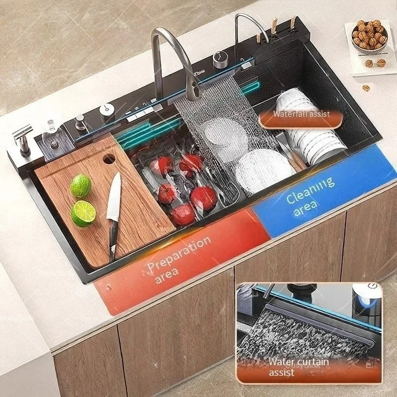 

Кухонная мойка из нержавеющей стали 304, очень большая, с одной чашей, водопадным изливом и цифровым дисплеем, многофункциональная, для мытья овощей