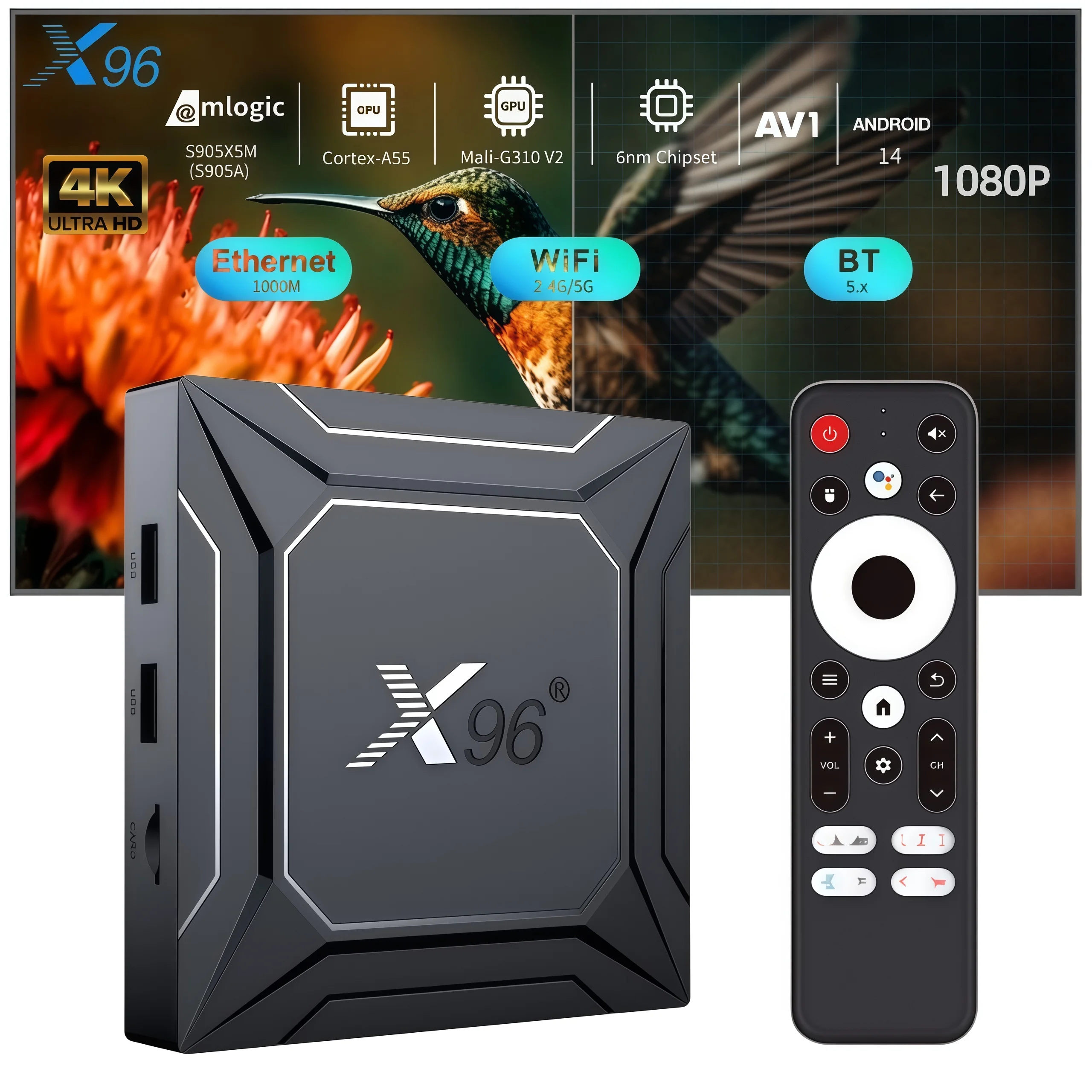 X96 M200 안드로이드 14 TV 박스 4GB+64GB WiFi 6 BT5.0 Amlogic S905X5M 4K HDR10+ AV1 AI-SR HDMI 기가비트 LAN 홈시어터 미디어 플레이어