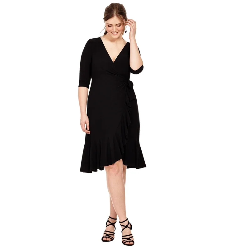 Plus Size Sexy V-neck Elegant Wrap Summer Dress Women Ruffle Trim Tie Back Half Sleeve A-line Work Dress Large Size Party Dress