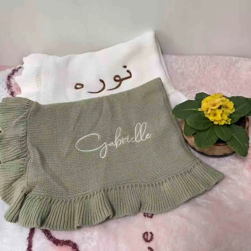 Children Ruffle Edge Woolen Blanket, Personalized Name Soft Cotton Knitted Blanket，Custom Children Home Bed Blanket，Newborn Gift
