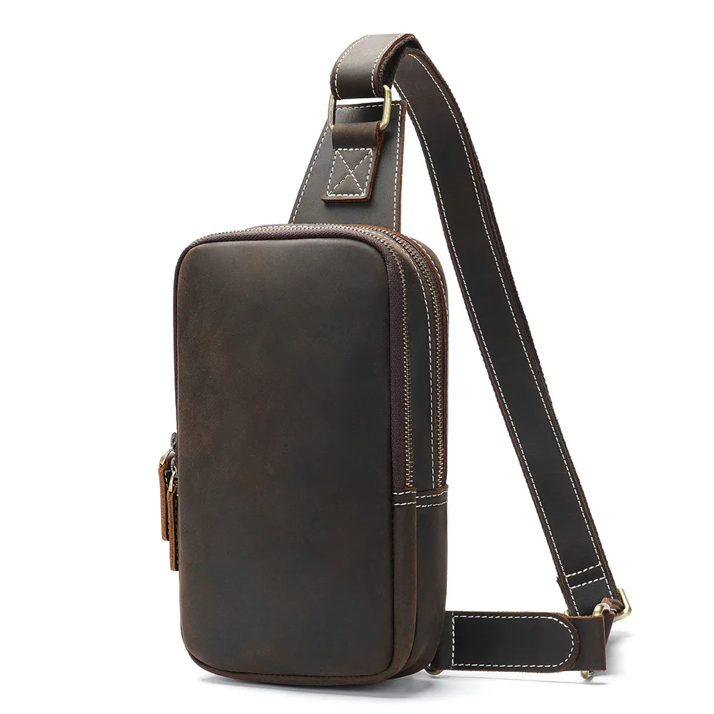 Bolso de pecho de cuero grueso para hombre, bandolera de cuero de vaca Real, bandolera pequeña de un solo hombro