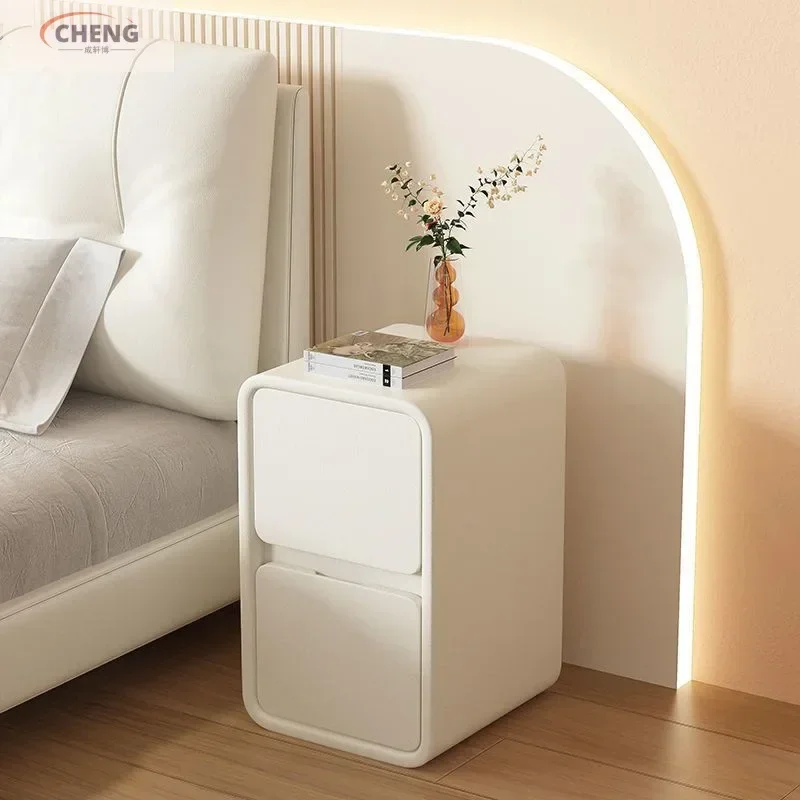 Light Luxury Cream Bedside Table Cream Wind Solid Wood Storage Ultra-narrow Three-layer Luxury Bedroom Storage Bedside Cabinet