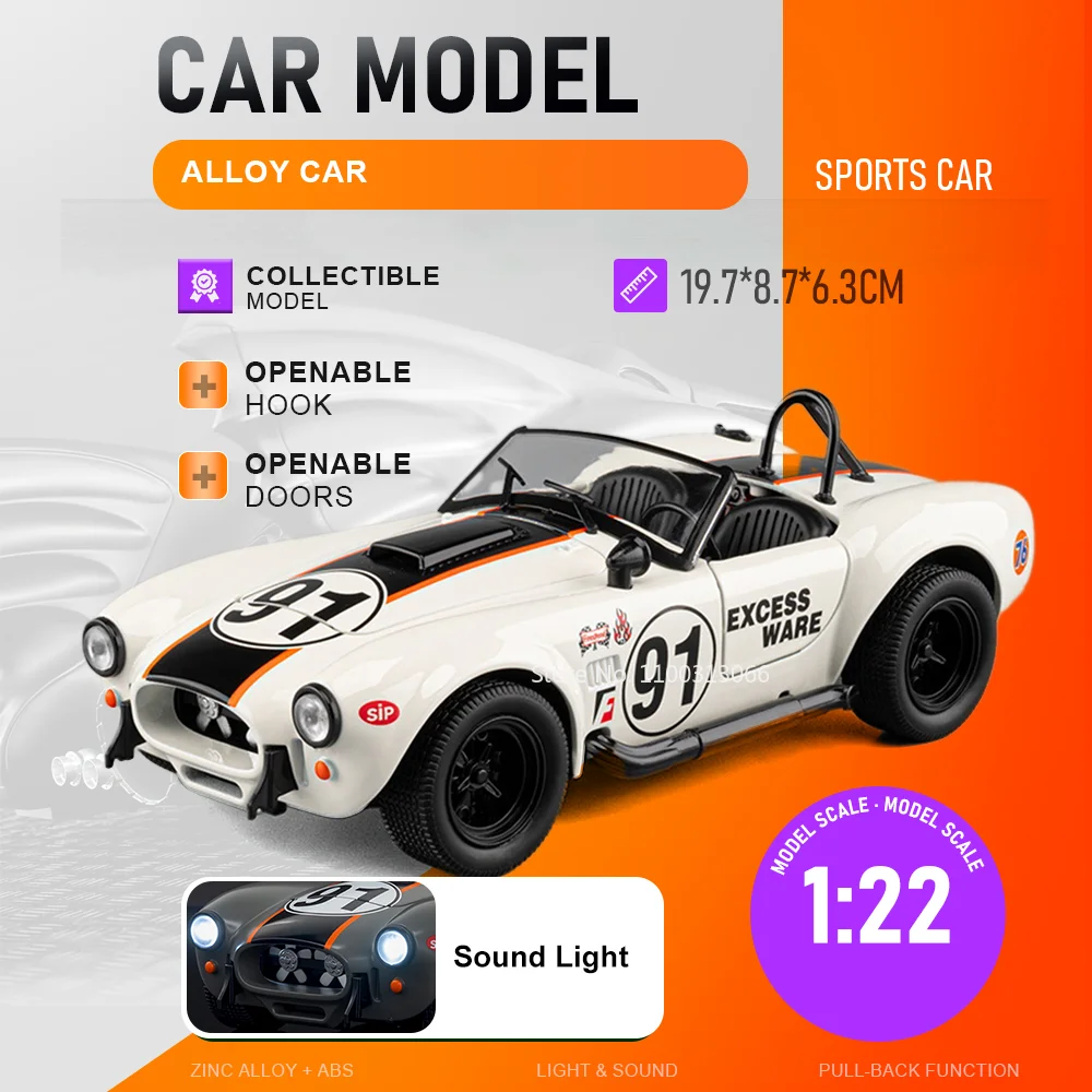 

1:22 Cobra Alloy Car Diecast Miniature Toys Model Doors Opened Sound Light Pull Back Front Wheel Steering Vehices Gifts for Boys