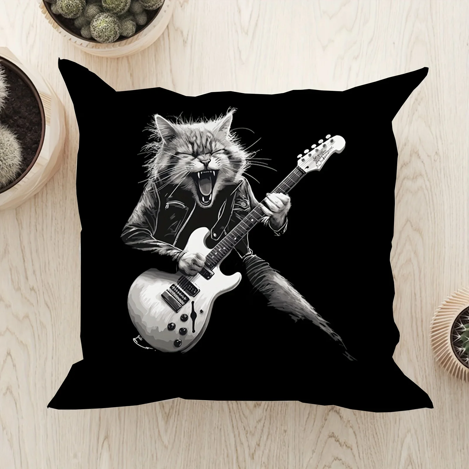 Funda de almohada Rockstar Cat: Cool Kitty con guitarra، Perfect para decoración del hogar y regalos، Design Unique، Elegante