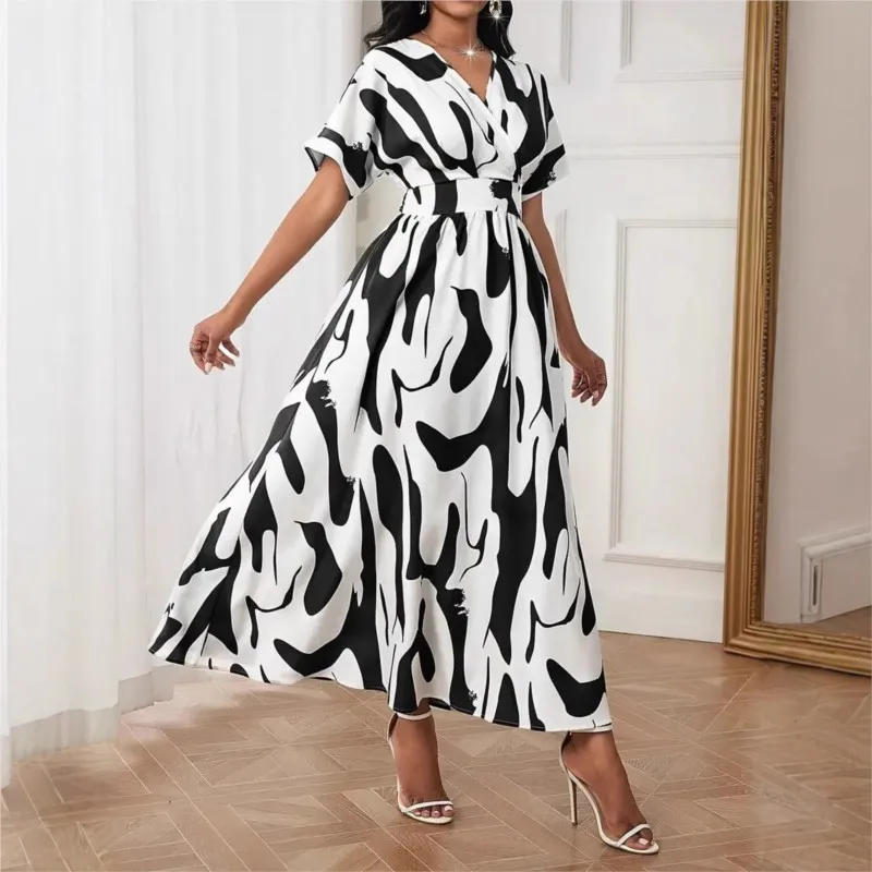 فستان أنيق صيفي موديل 2025 بطباعة هندسية ورقبة على شكل حرف v وخصر ملتصق وصل حديثًا بأكمام قصيرة على شكل حرف a فساتين طويلة بأسلوب بسيط