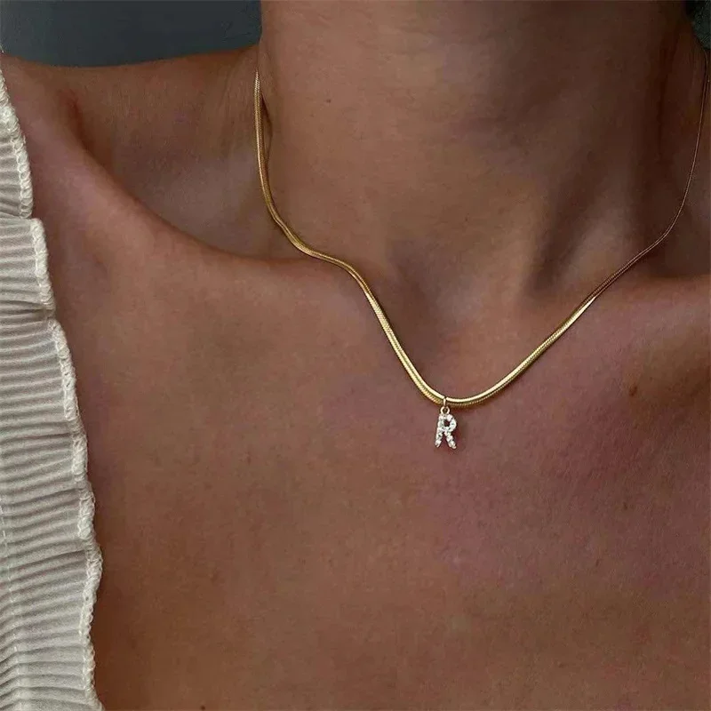 Dainty Zircon Tiny Initial Letter Necklace for Women Gold Plated Stainless Steel Snake Chain Choker Necklaces Alphabet Pendants