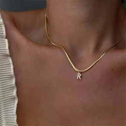 Dainty Zircon Tiny Initial Letter Necklace for Women Gold Plated Stainless Steel Snake Chain Choker Necklaces Alphabet Pendants