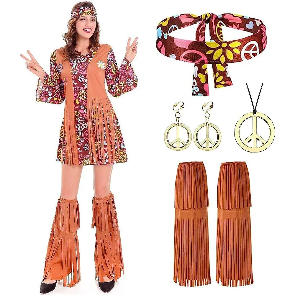 

Halloween Disco Dress 70s 60s Hippie Cosplay Costume Set 70s DJ Dis Cos Outfits Women Suits Accessories for Women Men